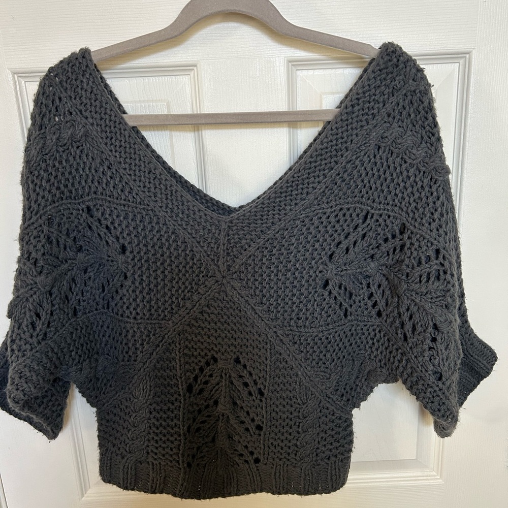 Sext Sweater V-Neck Off the Shoulder Knit Short Sleeve Cropped Crochet